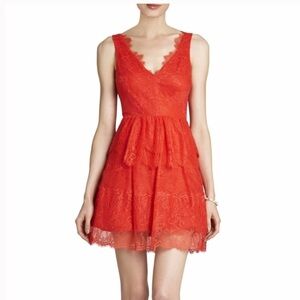 BCBGMaxAzria Red Lace Tiered V-Neck Mini Dress